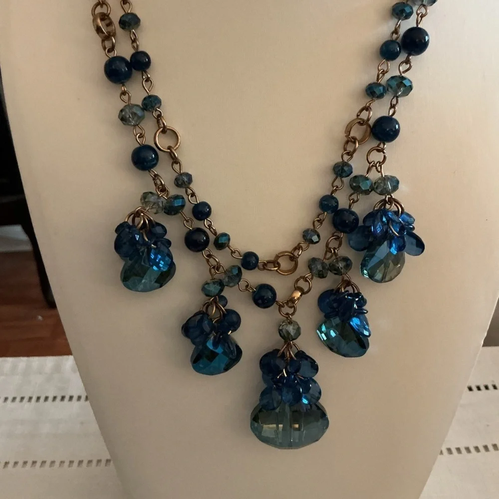 Peacock Blue Crystal Chandelier Gold Tone Necklace